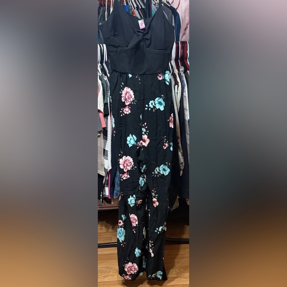 No Boundaries Black Floral Jumpsuit with Pink & Teal Flowers (JUNIOR)
